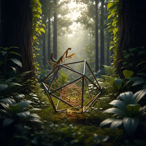 Realistic Praying Mantis on Metallic Geometric Object in Forest