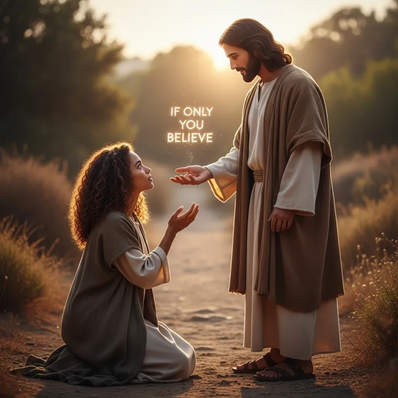 Young Woman with Curly Hair Kneeling Before Jesus