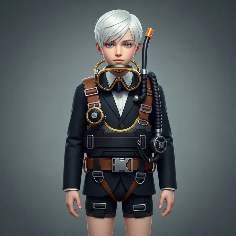 Caucasian Boy with White Hair in Black Suit and Diving Gear