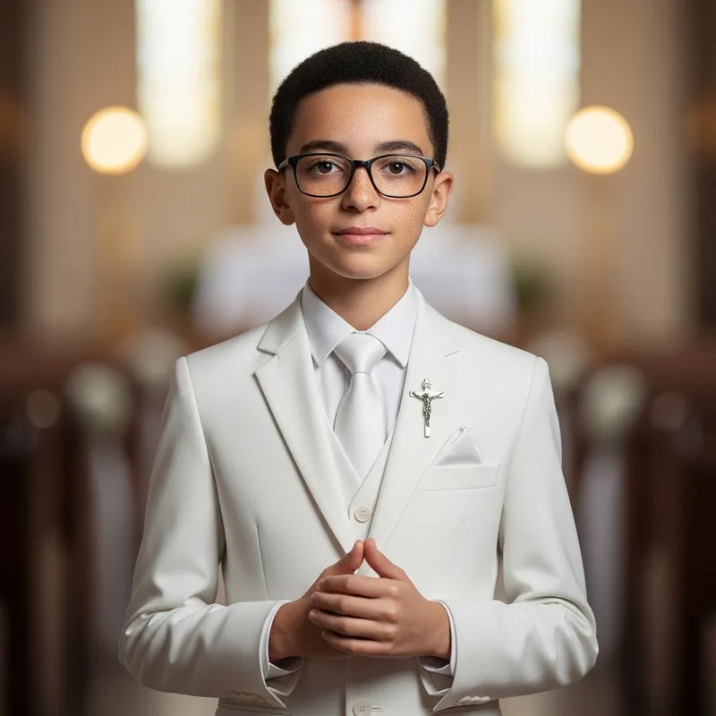 Tall Boy with Brown Eyes and Black Hair - Communion Portrait