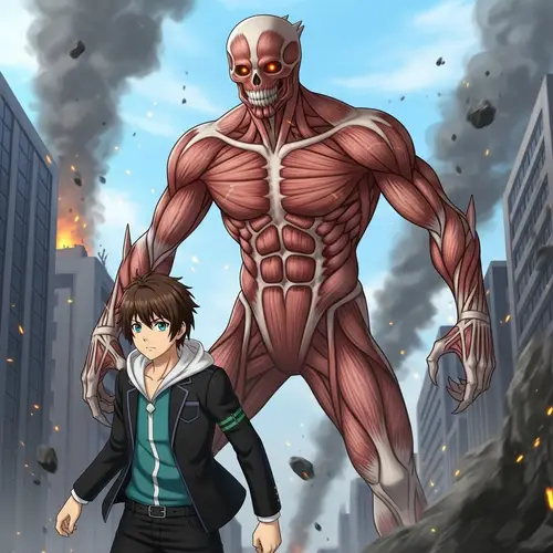 Epic Transformation: Enormous Muscular Creature in War-torn Cityscape