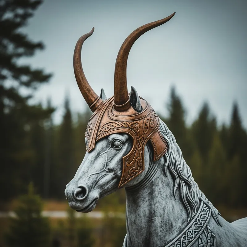 Equine Statue in Loki's Horned Helmet - Mythical Norse Symbol | Sculpture Art Equine Statue in Loki's Horned Helmet - Mythical Norse Symbol | Sculpture Art