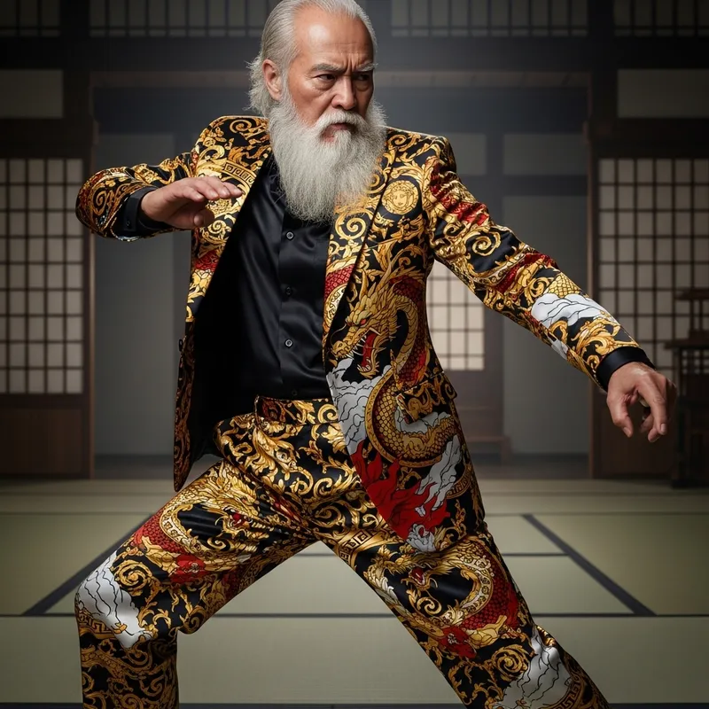 Elderly Martial Arts Master in Versace-Inspired Fashion