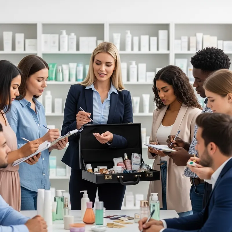 Blonde Saleswoman Demonstrating Beauty Products to Diverse Wholesale Customers