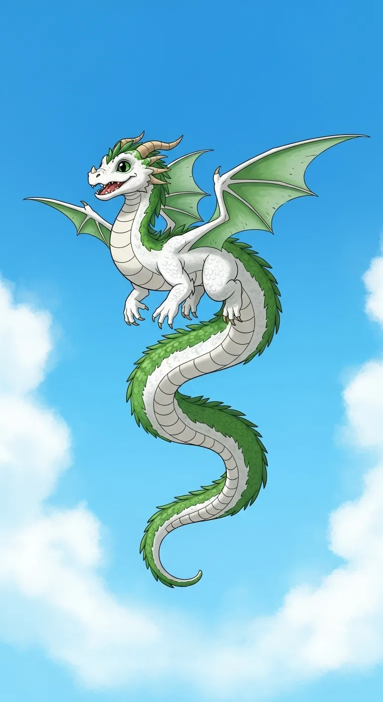 Mythical Green Fur Dragon in Vibrant Blue Sky