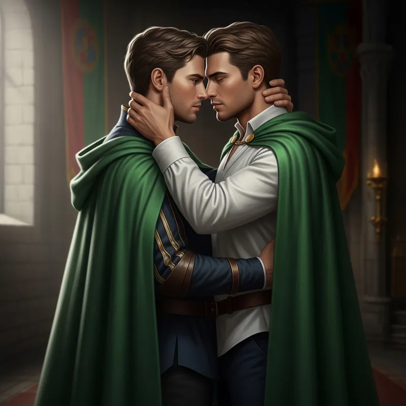Passionate Embrace of Muscular Caucasian Princes in Green Capes Passionate Embrace of Muscular Caucasian Princes in Green Capes