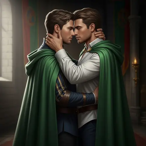 Passionate Embrace of Muscular Princes in Green Capes