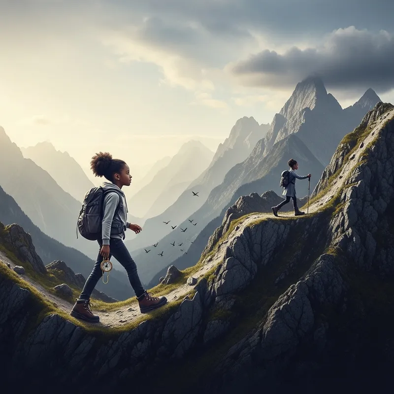 Resilient Journey: Black Girl's Path Through Mountainous Landscapes