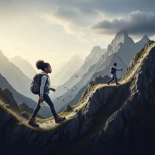 Life Journey of Young Black Girl: Ups and Downs in Mountainous Landscapes