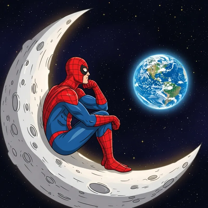 Spiderman Sitting on Moon, Admiring Earth | Website Name