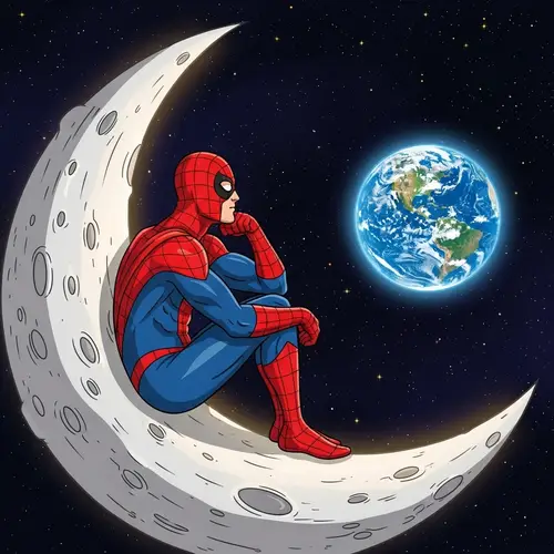 Peaceful Superhero Sitting on Moon, Gazing at Earth | Website Name