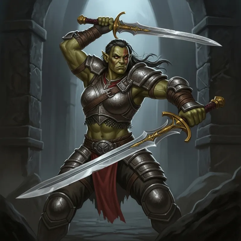 Elegant Double Swords Half-Orc Warrior | DnD 5e Scene Elegant Double Swords Half-Orc Warrior | DnD 5e Scene