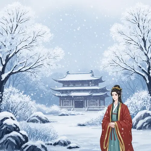 Tranquil Winter Scene with Snow-Covered Trees and Figure in Traditional East Asian Attire