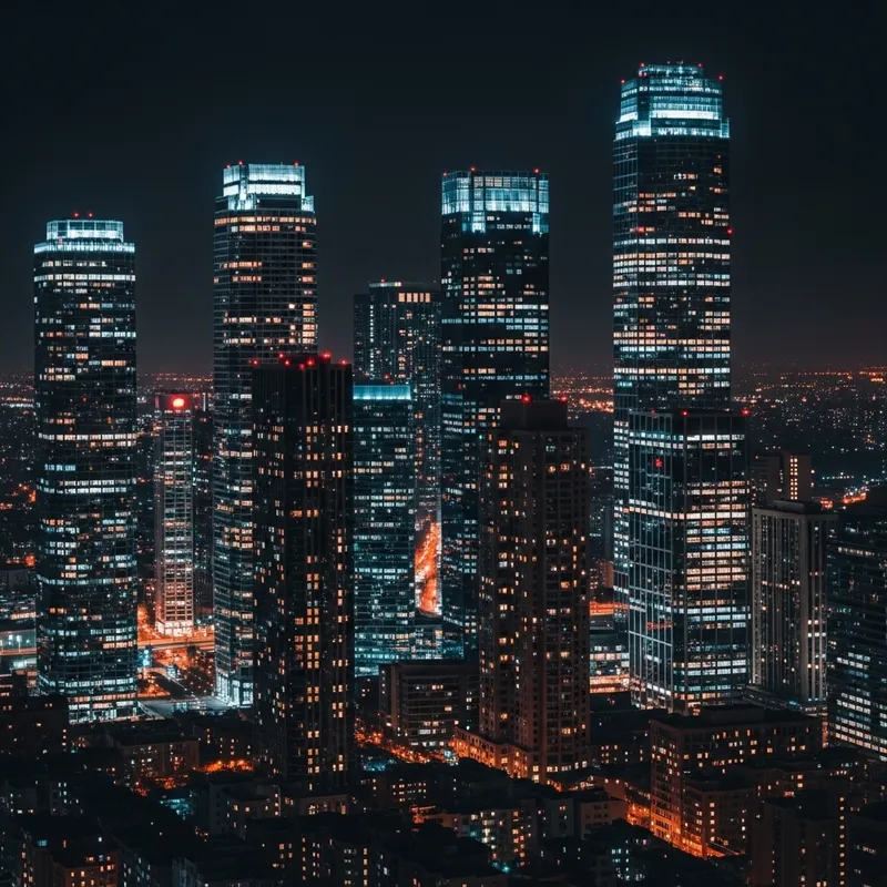 Vibrant City Skyline at Night: Modern & Abstract Illumination