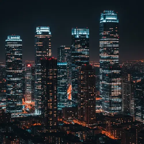 Modern City Skyline at Midnight: Twinkling Lights & Ethereal Shadows