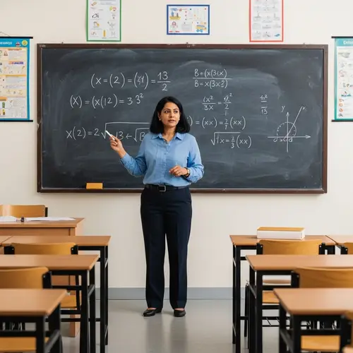 Experienced Female Math Teacher Explains Complex Equations in Classroom
