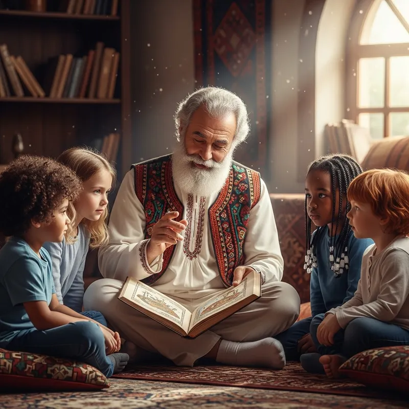Wise Middle-Eastern Man Reading Fairy Tale to Diverse Children