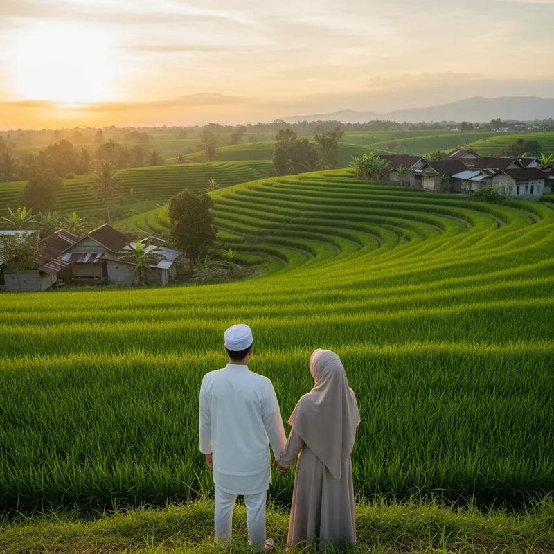 Muslim Couple Admiring Beautiful Heavenly-Looking Paddy Field