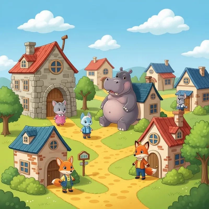 Whimsical Village with Hippopotamus and Fox