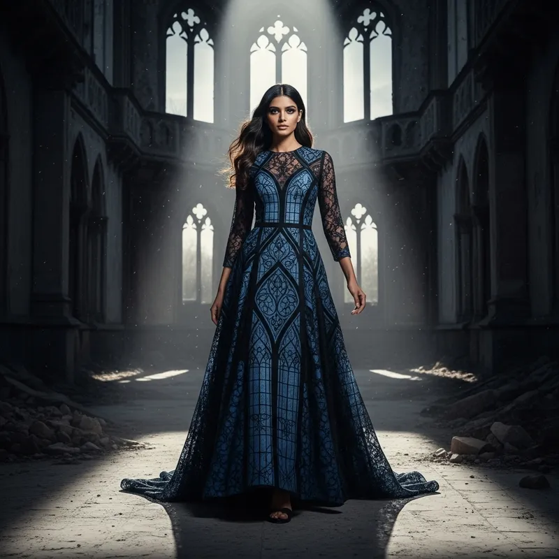Haunting Gothic Romance Fashion Model in Abandoned Castle
