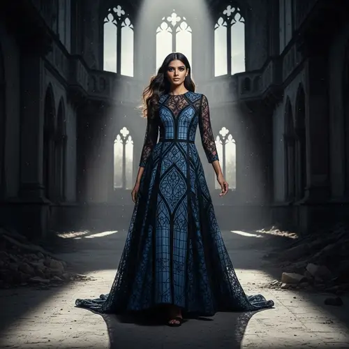 Gothic Romance Fashion Model on Catwalk in Forgotten Castle