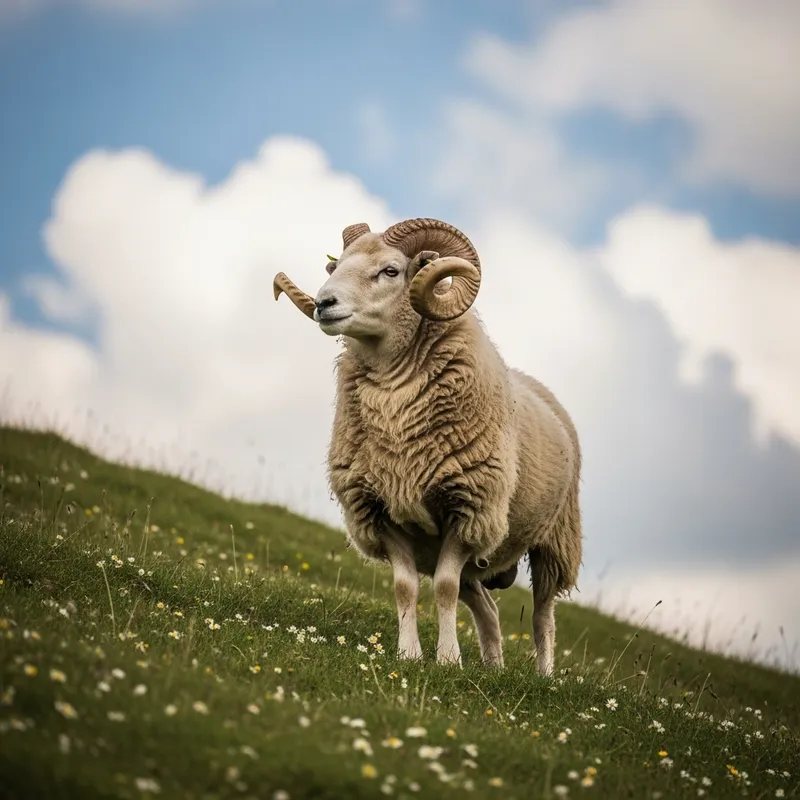 Majestic Ram Grazing on Grass Hillside Majestic Ram Grazing on Grass Hillside