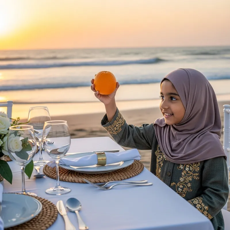 Olivia Muslim Girl at Beach Dinner Table with Orange
