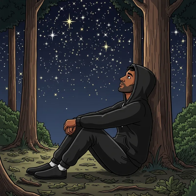 Man in Black Sweatpants Sitting by Tree Stargazing in Cartoon Style
