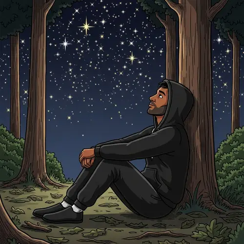 South Asian Man Gazing at Starry Night Sky in Cartoon Style