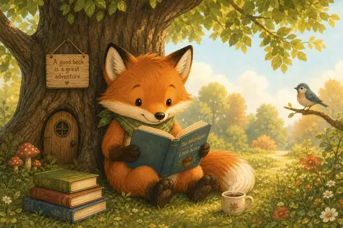 Charming Fox Reading Under a Tree - Children's Book Art