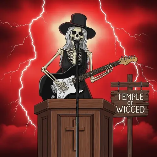 Temple of Wicced: Skeleton Preacher with Black Fender Stratocaster Guitar