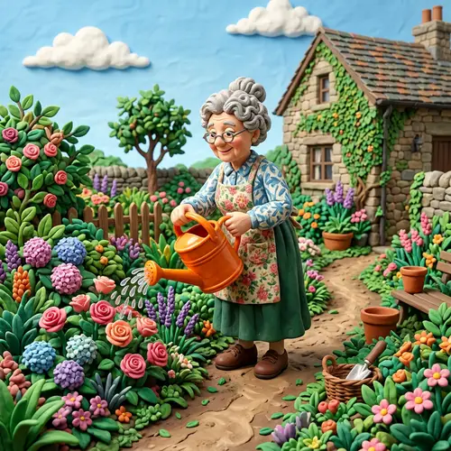 Elderly Woman Watering Plants in Claymation Garden