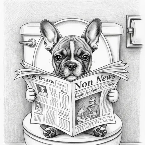 Adorable French Bulldog Puppy Sketch on Toilet Reading Newspaper