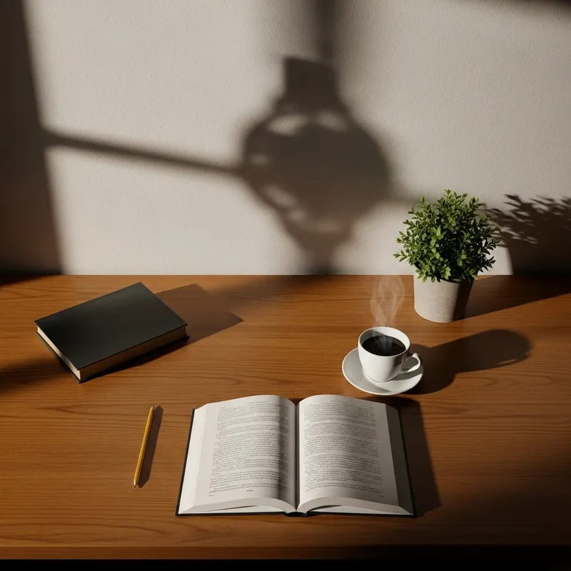 Intriguing Wooden Table Scene with Everyday Objects and Mysterious Silhouette