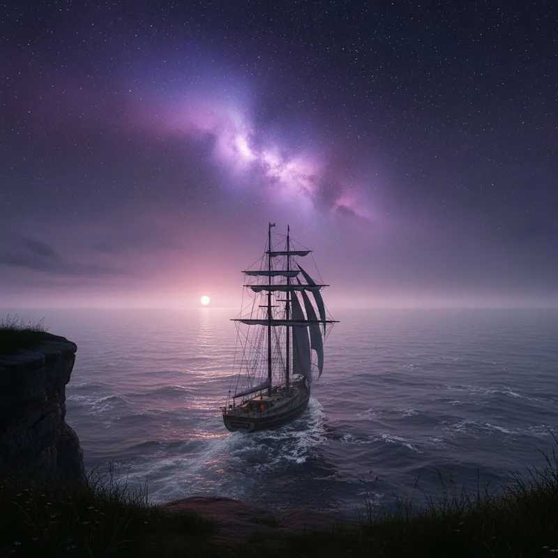 Adventurous Ketch Sailing in Dusk with Nebulae Glow | Sea Exploration