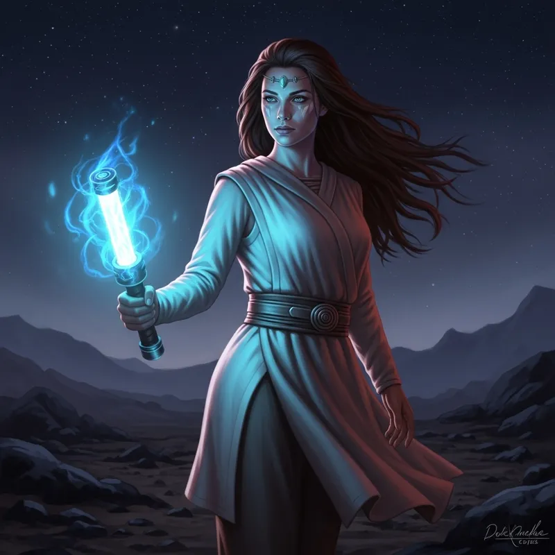 Female Jedi wielding a Blue Lightsaber in Sci-Fi Universe