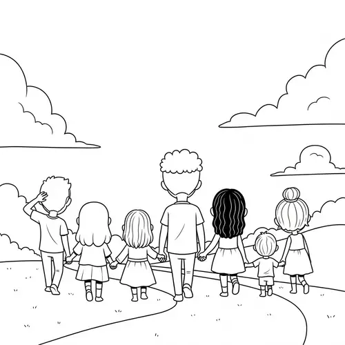 Whimsical Cartoon Illustration of Diverse Family Walking Together