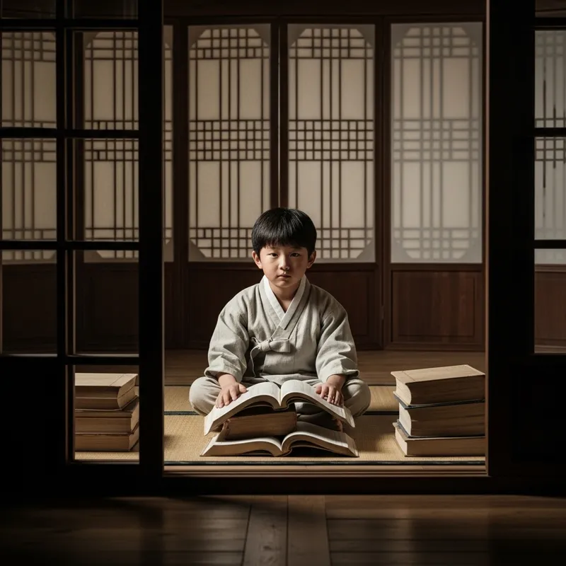 Young East Asian Boy Studying in Traditional Room with Determination