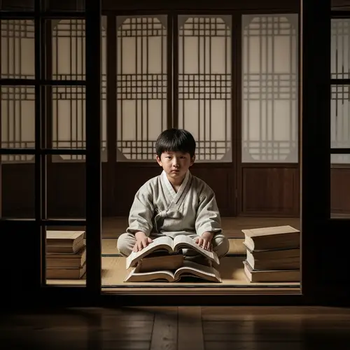 Inspiring Asian Boy Studying with Determination in Traditional Room