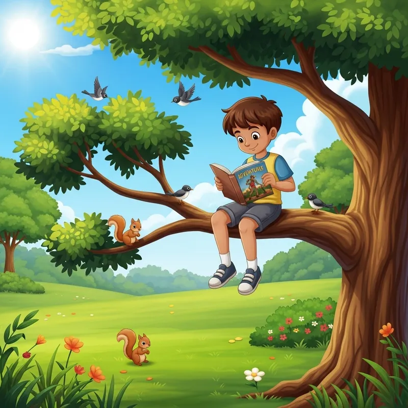Boy Reading Book Sitting on Tree: A Day of Adventure