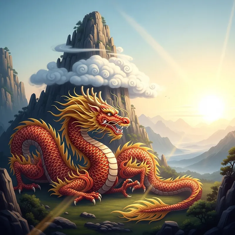 Red and Gold Chinese Dragon at Mountain Base Red and Gold Chinese Dragon at Mountain Base