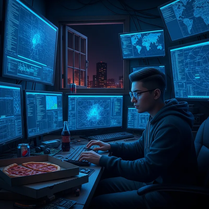 Chaotic South Asian Hacker in Dark Room with Screens