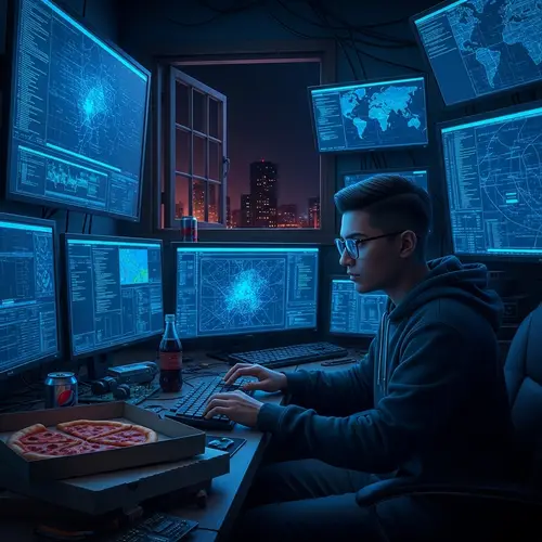 Professional South Asian Computer Hacker in Dark Room with Screens