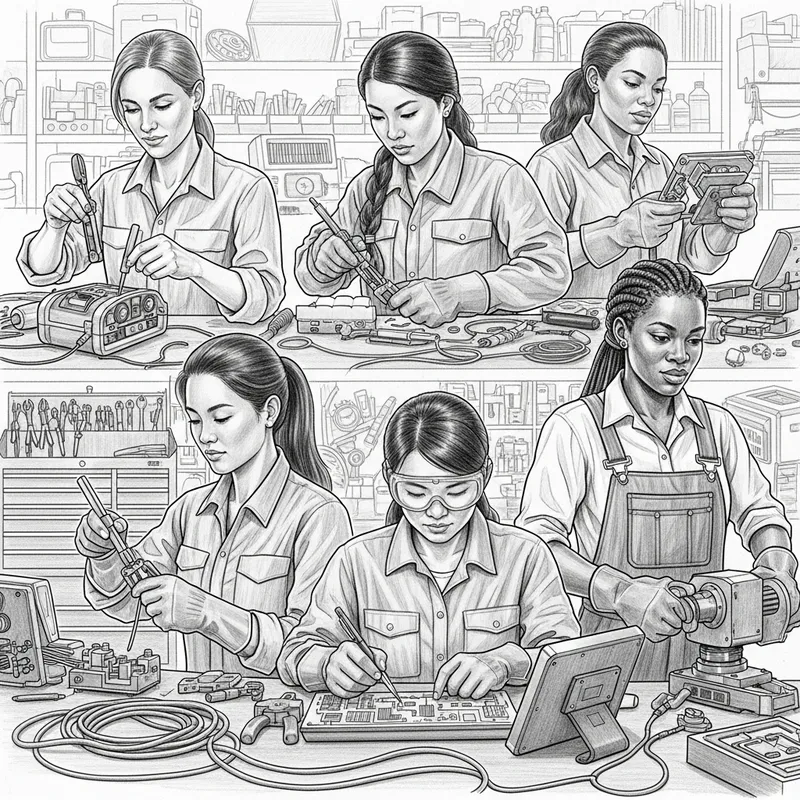 Detailed Pencil Drawing of Women in Maintenance & Repair