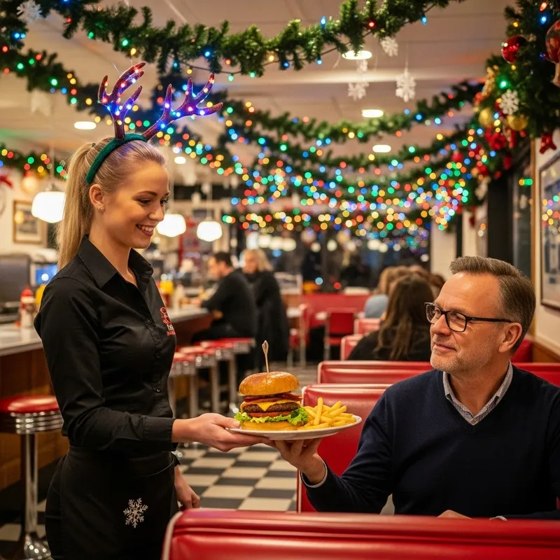 Christmas Fast Food Restaurant with Festive Decor and Antlered Waitress