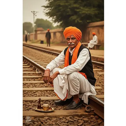 Male Indian Politician in Traditional Rajasthani Attire on Railway Track