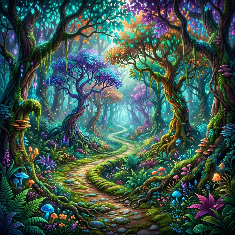 Explore a Mystical Forest Pathway of Fantasy Colors