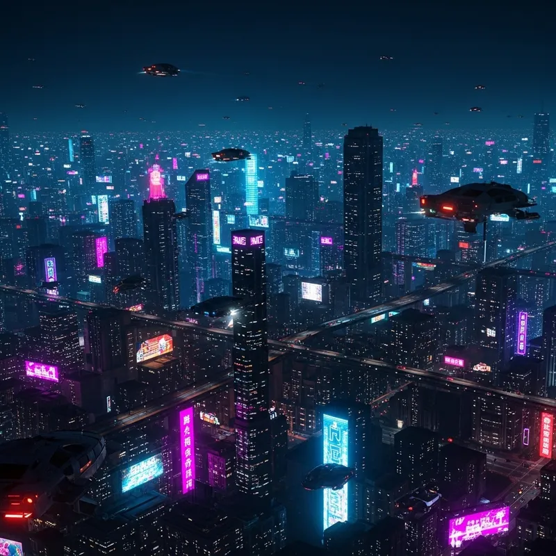 Neon Cyberpunk Cityscape - Sci-Fi Futuristic Night View