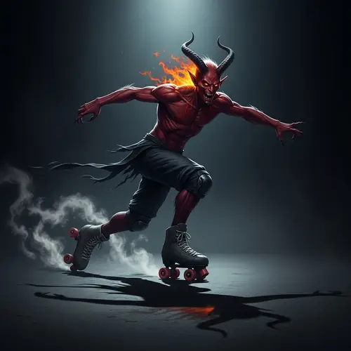 Demon Roller Skating: Graceful Mischief in Dimly Lit Environment