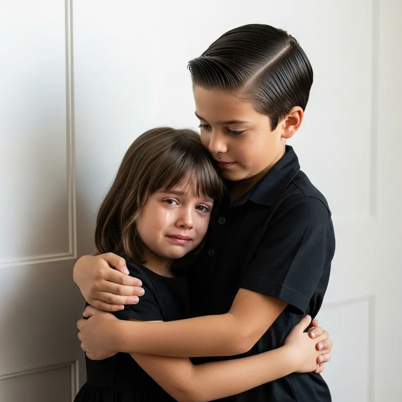 Emotional Scene: Boy Comforting Upset Girl by the White Wall